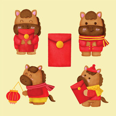 Cute Horse Holding Red Envelope – Chinese New Year Cartoon Animal Illustration
