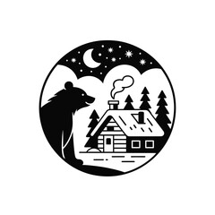 Silhouette of a bear near a rustic cabin under a starry night sky