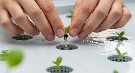 Hands planting young seedlings in a hydroponic system.