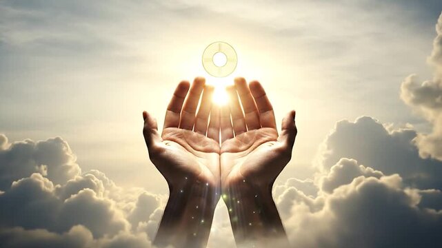 Divine Hands bless humanity from clouds, offering hope and healing in worship