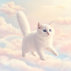 cat with a colorful rainbow arching overhead in a clear sky.