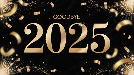 Goodbye 2025 golden numbers and confetti on dark background