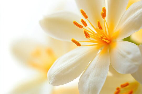 White flower close up shot pollen arrangement on white background.