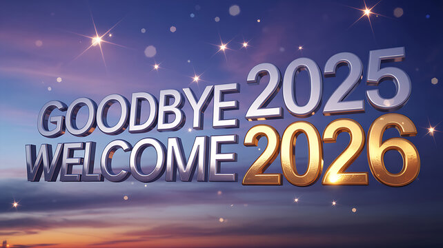 Goodbye 2025 welcome 2026 concept with sparkling stars and colorful background