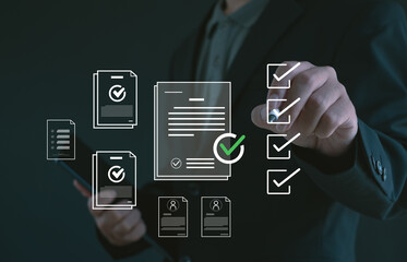 Business professional using digital checklist for online document approval and workflow management. Modern technology concept with virtual files and data verification for productivity and efficiency.