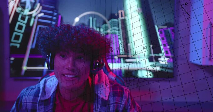 Gamer adjusting headset after offscreen audio, focusing to hear gameplay, math grid crossing face