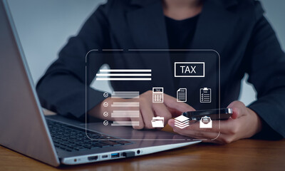 Digital tax filing and online financial management concept with business person using laptop and smartphone. Suitable for accounting, finance, tax payment, and e-filing service illustrations.
