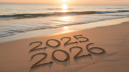 Welcome to new year 2025 and 2026 written in beach sand