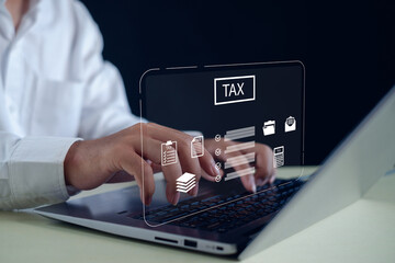 Online tax filing and digital finance management concept with person using laptop and virtual tax icons. Perfect for accounting, e-filing, fintech, and financial technology illustration themes.