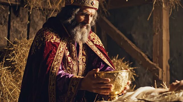 wise man, one of three magi, presents gift of gold to baby jesus in manger. biblical nativity scene in stable. christmas and epiphany holiday celebration.