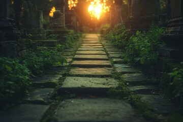 A stone pathway, overgrown with lush greenery, leads towards a radiant sunset or golden light, hinting at an ancient, mystical journey through nature.