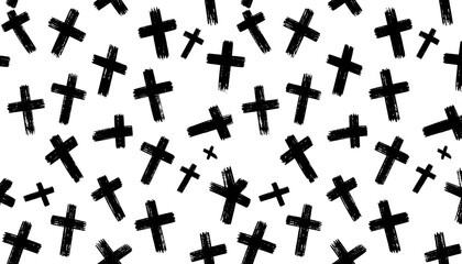 Artistic pattern featuring black brushstroke crosses scattered on a clean white background