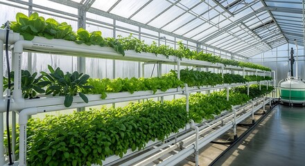 Hydroponic Greenhouse Cultivating Fresh Green Leafy Vegetables in a Controlled Environment.