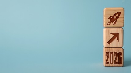 Reaching New Heights Wood Blocks Show Rocket Launching to Success in 2026 Against Blue Background