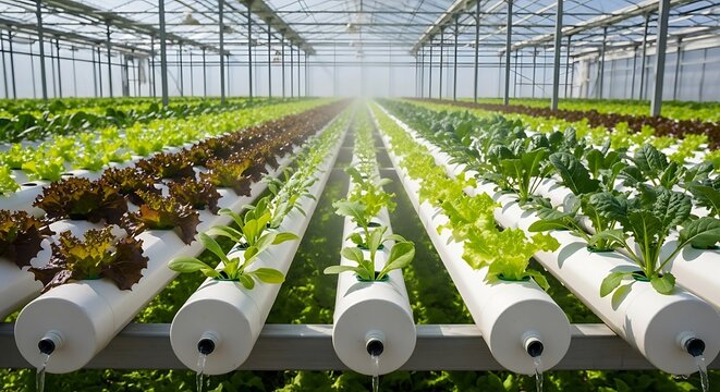 Hydroponic lettuce cultivation in a modern greenhouse, showcasing sustainable agriculture and fresh produce.