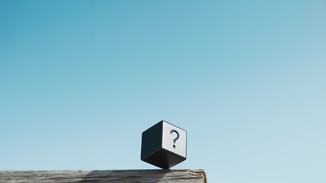 A lone cube with a question mark on its side rests precariously on the edge of a wooden surface against a clear blue sky, evoking a sense of mystery and uncertainty