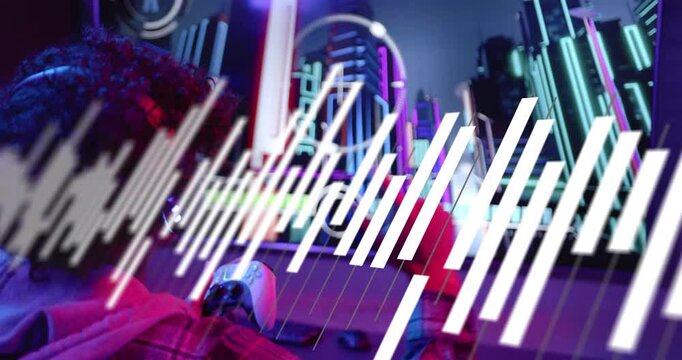 Male gamer pressing controller in gaming setup, waveform bars reshaping and revealing neon city - Powered by Adobe