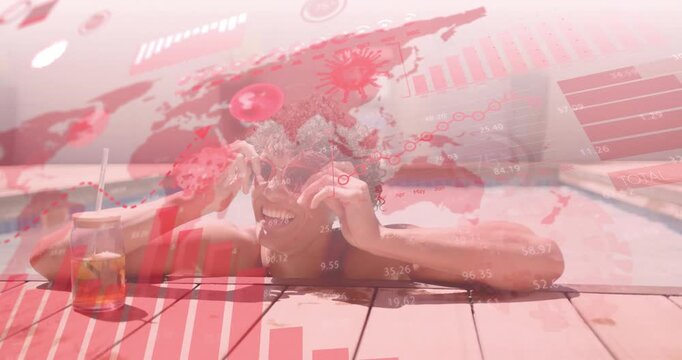 Adult male resting poolside while health overlay intensifying, adjusting shades and viewing charts