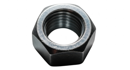 Detailed macro photograph of a hexagonal metal nut with internal threads illustration
