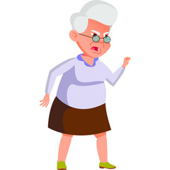 Angry Elderly Woman With Gray Hair Wearing Glasses And A White Shirt With A Brown Skirt Expressing Frustration And Displeasure With A Fierce Expression And Raised Fist Against A White Background
