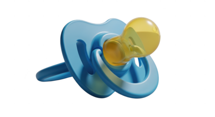 Close-up of a blue baby pacifier with yellow nipple isolated on black illustration