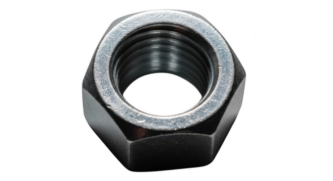 Detailed macro photograph of a hexagonal metal nut with internal threads illustration