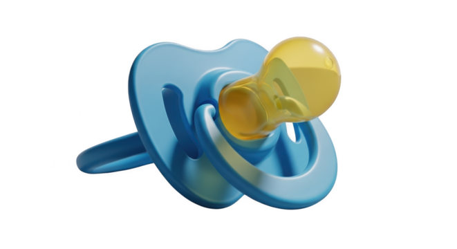 Close-up of a blue baby pacifier with yellow nipple isolated on black illustration