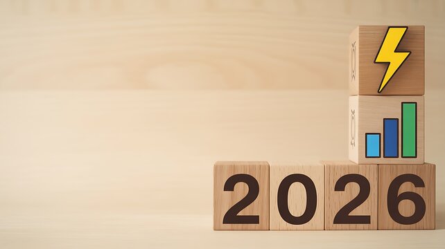 Concept of goals and growth in theenergy industry for 2026. Wooden cubes with electricity and bar chart symbols