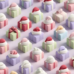 Pattern of Christmas gifts with New Year's hats