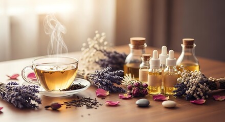 Soothing cup of steaming lavender tea with aromatherapy essential oil bottles.