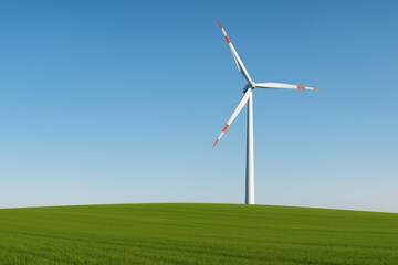 Fototapeta premium Wind turbine stands tall in vibrant green landscape under clear blue sky