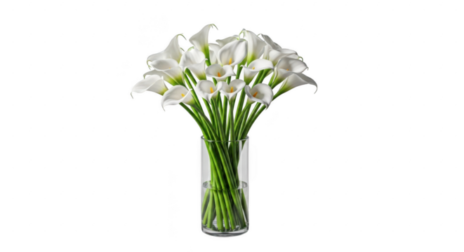 Elegant bouquet of white calla lilies in a clear glass vase illustration