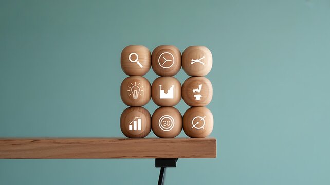 Wooden spheres displaying key business strategy icons for growth, marketing, and analysis on a wooden shelf