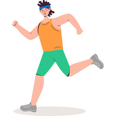 Athletic Young Man With Dark Hair Wearing Orange Tank Top and Green Shorts Running with Blue Headband and Gray Sneakers on Transparent Background