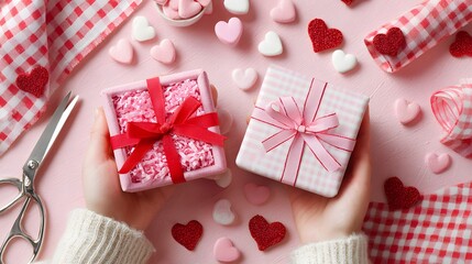 christmas gift boxes on a pink background with red confetti.