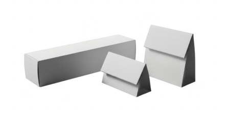 Three white paper bags and rectangular box arranged artistically illustration