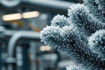 Close-up shows evergreen branches heavily coated in sparkling white frost, contrasting with a blurred, cool-toned industrial background. A winter scene.