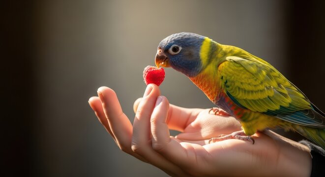 Colorful parrot eating raspberry on human hand in sunlight