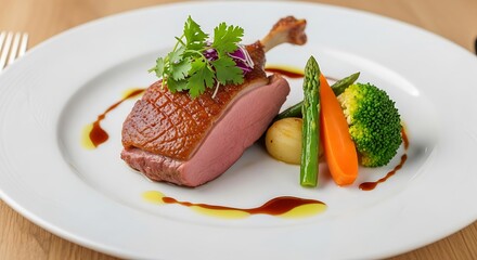 Gourmet Duck Breast with Roasted Vegetables and Sauce.