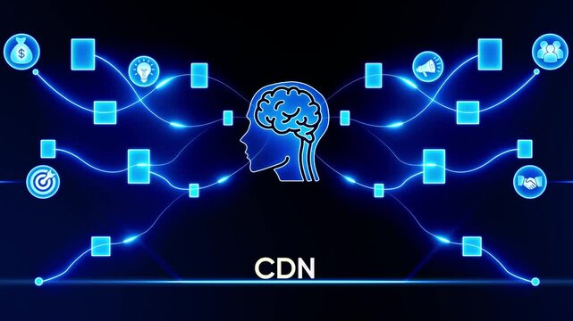Digital Brain Network with CDN Text and Business Icons on Dark Blue Background content delivery network