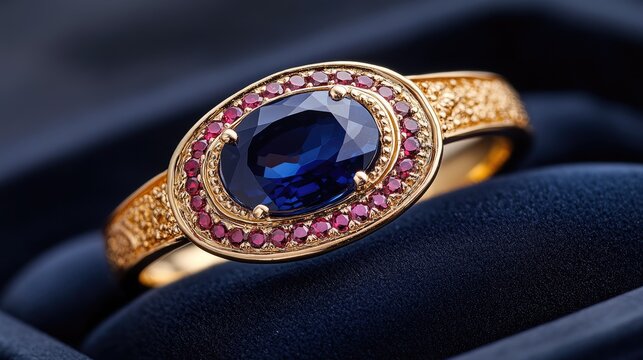 Elegantly crafted yellow gold ring featuring a stunning blue sapphire and exquisite red diamonds arranged artistically
