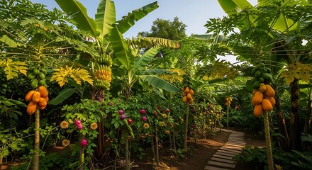 Lush Tropical Garden Path with Ripe Papayas and Banana Trees Under a Bright Sky.