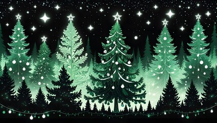 Obraz premium Emerald Green Line Art Christmas Forest Under Celestial Starlight. Ideal for holiday cards, prints, and elegant festive designs.