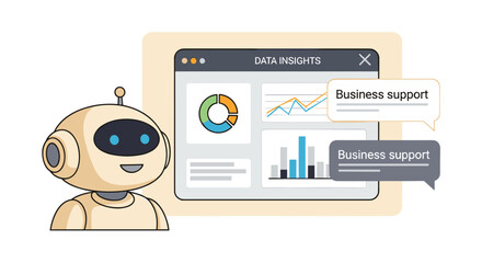 A friendly robot provides data insights on a computer screen, offering business support and analysis with charts and graphs for efficiency.