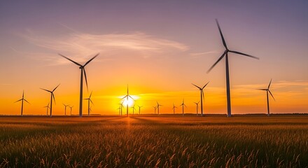 Wind turbines at sunset generating clean energy in field.