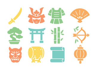Traditional japanese symbols: samurai, kimono, bonsai, torii, bamboo, fan, oni mask, lantern