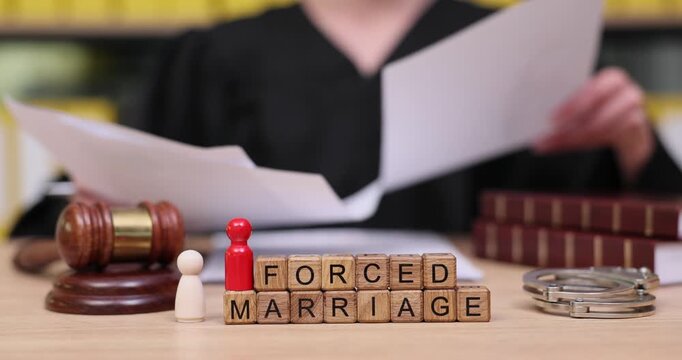 Forced marriage documentation and judicial proceedings in a courtroom setting with legal paperwork and symbols of justice