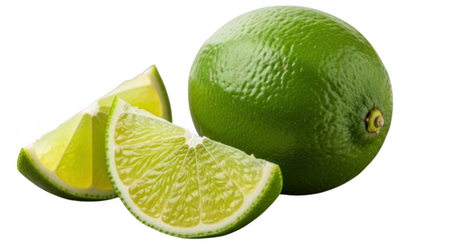 Fresh green lime fruit whole and sliced close up against illustration