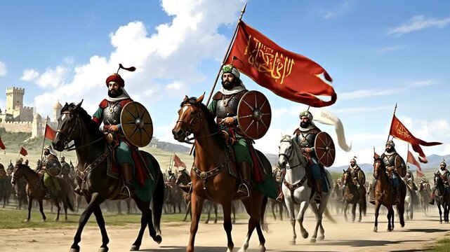 Saladin's elite army rides forth, embodying historical might and military power