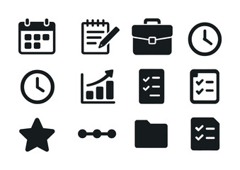 Set of office and productivity icons including calendar, notebook, briefcase, and checklists